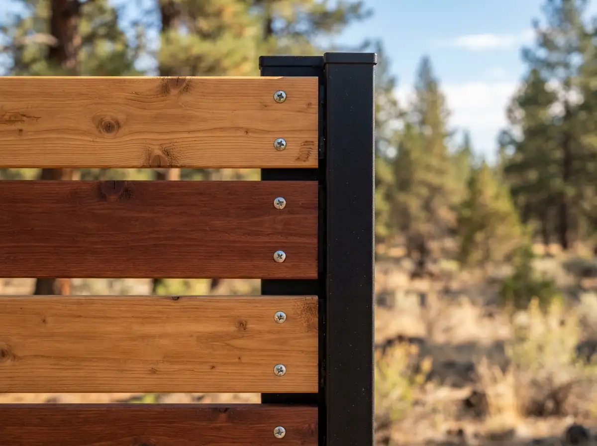 Close-up of horizontal wood fence boards screwed to a black steel post, with pines behind