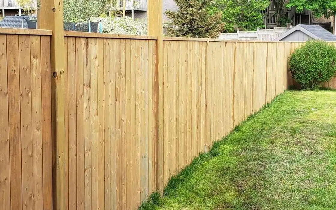 Wood privacy fence along a green backyard lawn