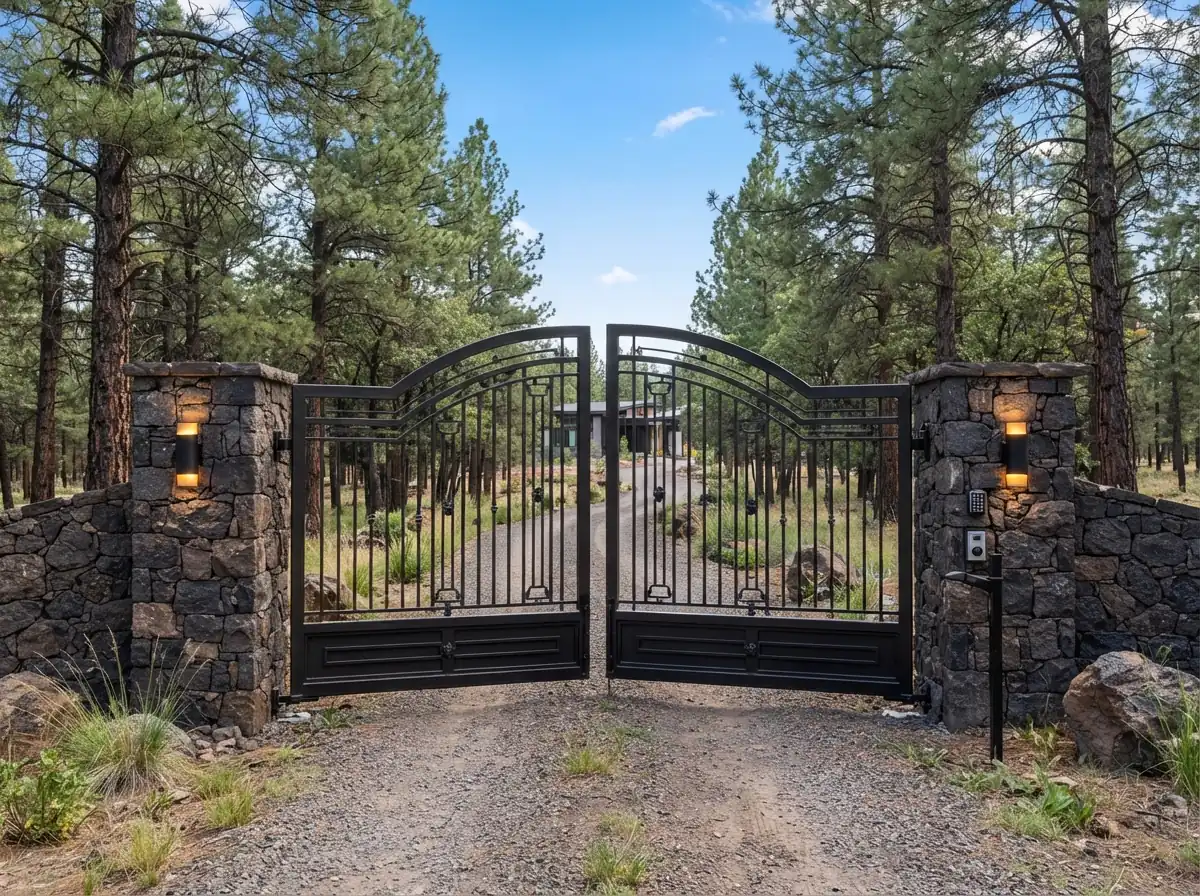 Black wrought iron double driveway gate between dark stone pillars on a gravel drive through pine trees